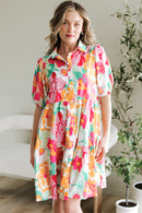 Green Floral Puff Sleeve Collar Buttoned Babydoll Dress