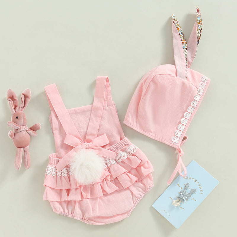 Linen Bunny Dress or Onesie Bunny Tail with Floral Removeable Ears