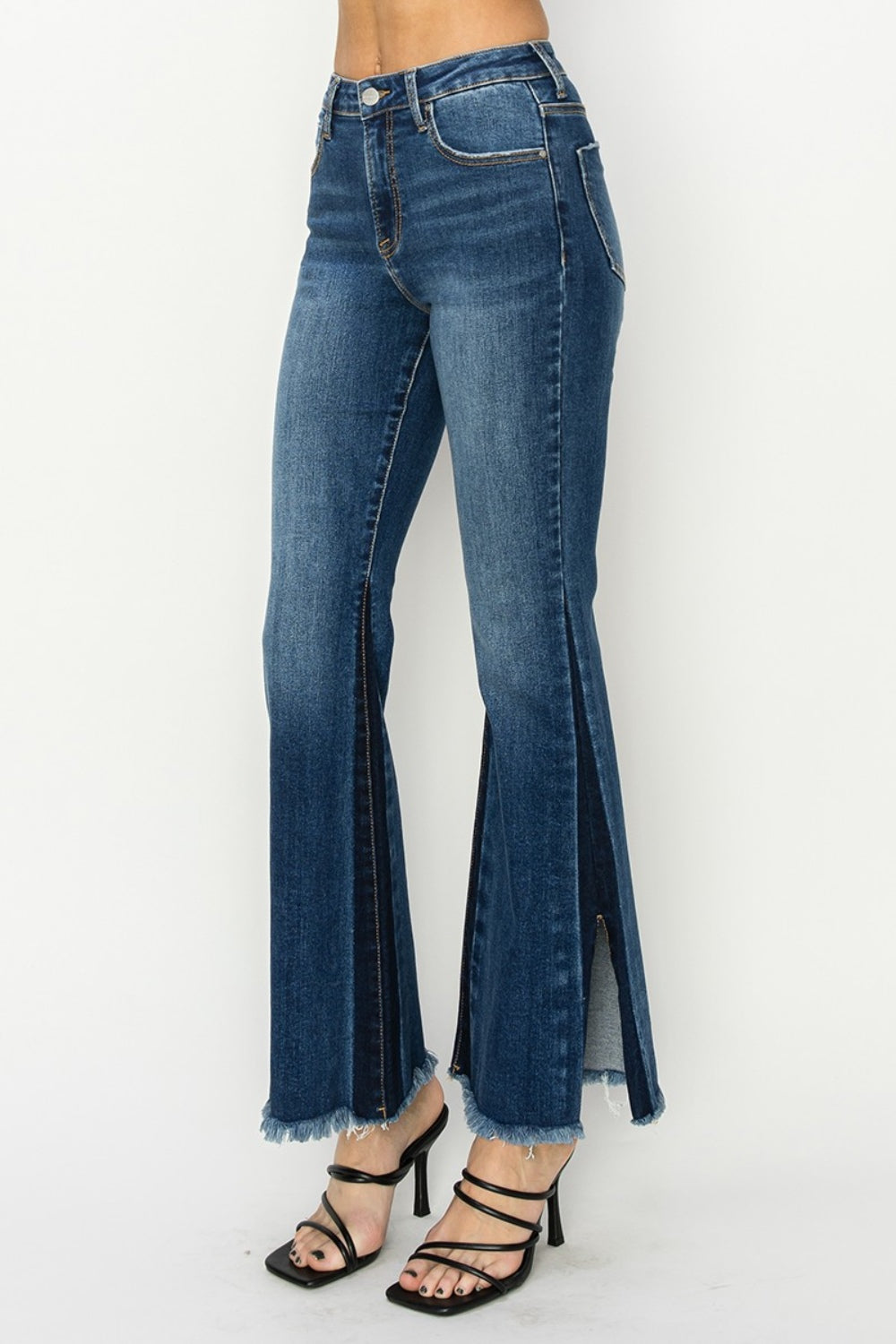 RISEN Full Size High Rise Side Shadow Seam Detail Slit Flare Jeans