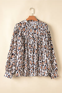 Light French Beige Oversized Leopard Print Balloon Sleeve Casual Shirt