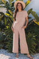 Wild Wind Solid Corded Knit Short Sleeve T Shirt and Wide Leg Pants Set