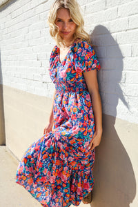 Find Love Blue Floral Raglan Puff Sleeves V Neck Smocked Waist Maxi