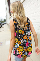 Flower Power Black Sleeveless Babydoll Bow Tie Top