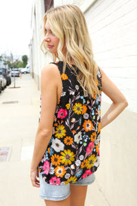 Flower Power Black Sleeveless Babydoll Bow Tie Top