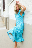 Find Love Blue Boho Print Flutter Sleeve Fit & Flare Dress