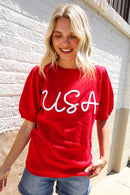 Patriotic USA Red Knit Embroidery Puff Sleeve Sweater Top