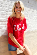 Patriotic USA Red Knit Embroidery Puff Sleeve Sweater Top