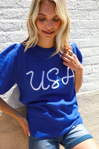 Patriotic USA Blue Knit Embroidery Puff Sleeve Sweater Top