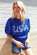 Patriotic USA Blue Knit Embroidery Puff Sleeve Sweater Top