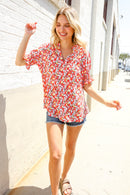 Elegant You Ruby Notched Neck Floral Smocked Sleeve Blouse