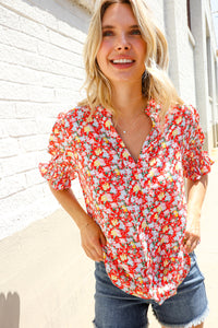 Elegant You Ruby Notched Neck Floral Smocked Sleeve Blouse