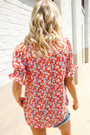 Elegant You Ruby Notched Neck Floral Smocked Sleeve Blouse