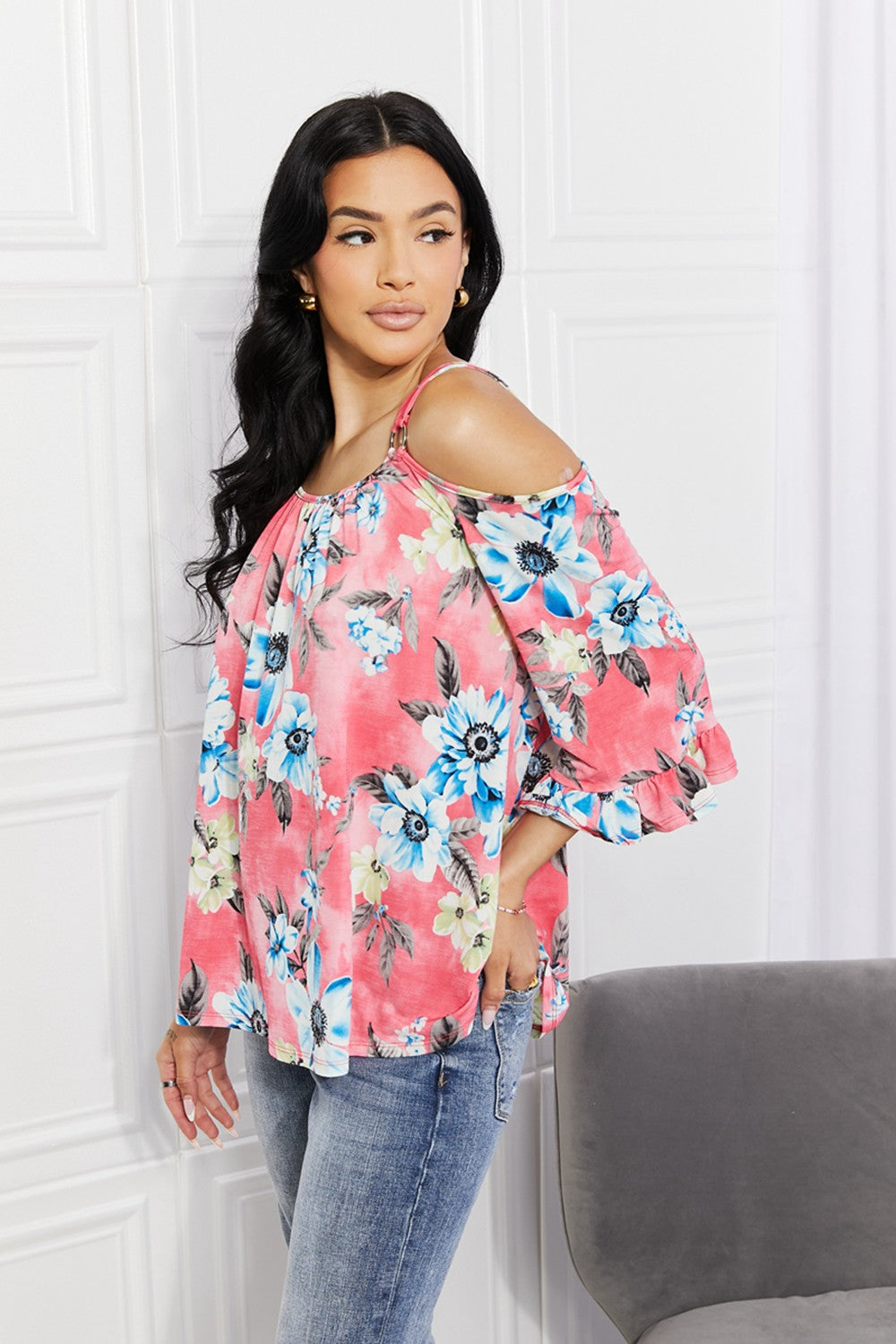 Sew In Love Full Size Fresh Take  Floral Cold-Shoulder Top