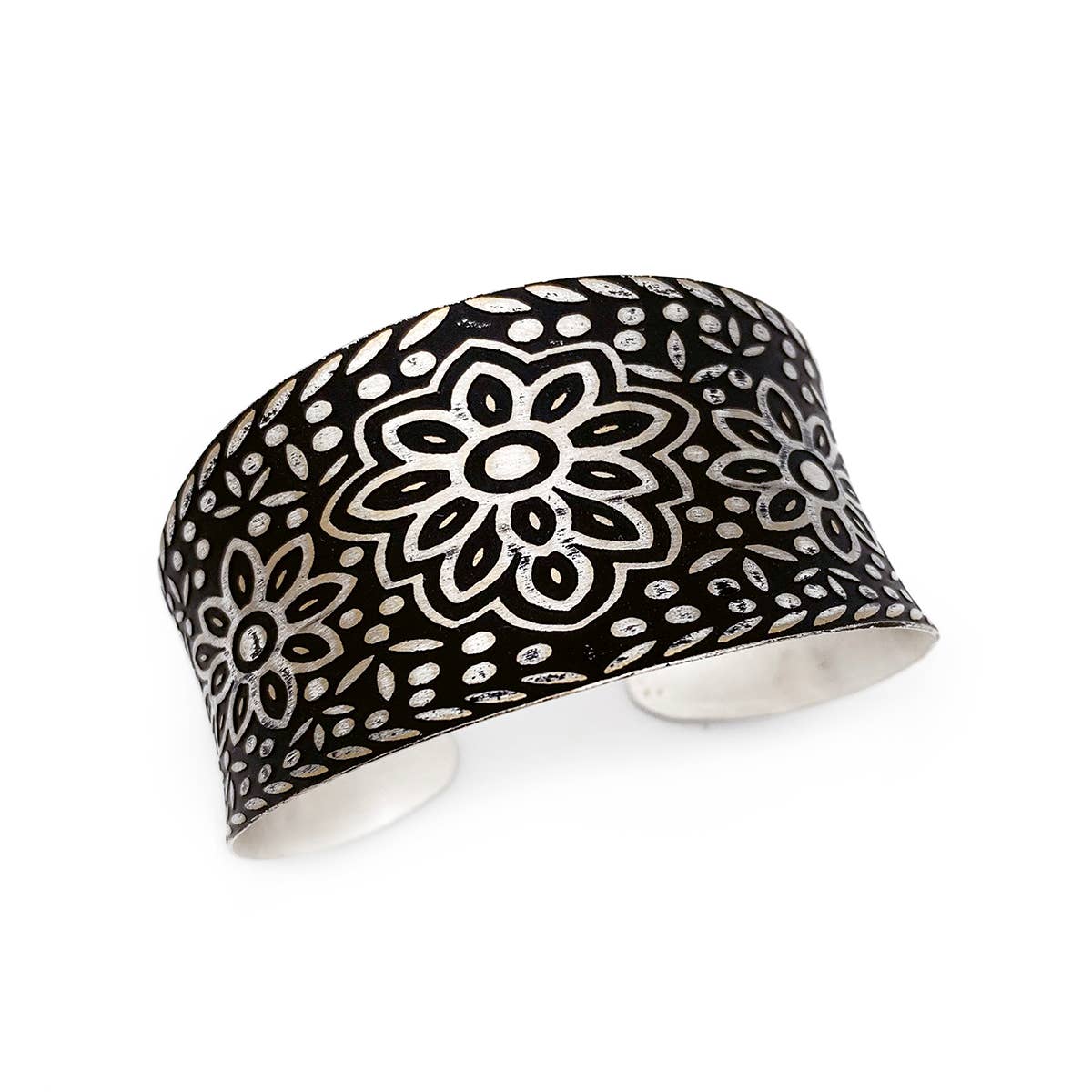 Silver Patina Bracelet - Black Floral Pattern