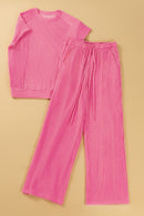 Wild Wind Solid Corded Knit Short Sleeve T Shirt and Wide Leg Pants Set