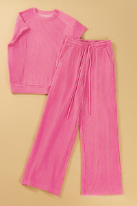 Wild Wind Solid Corded Knit Short Sleeve T Shirt and Wide Leg Pants Set