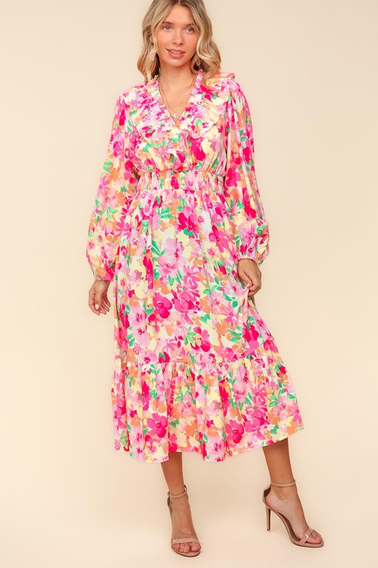 Haptics Full Size Floral Surplice Balloon Sleeve Dress with Side Pockets