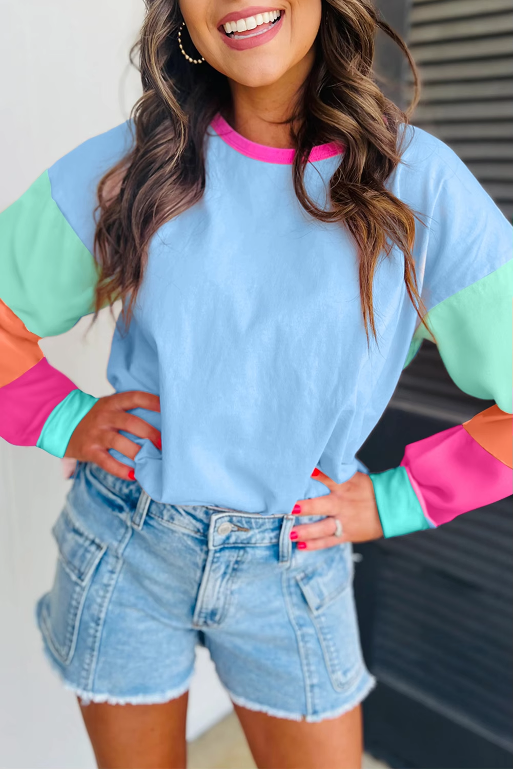 Blue Molly Lightweight Color Block Long Sleeve