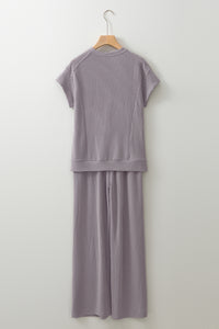 Wild Wind Solid Corded Knit Short Sleeve T Shirt and Wide Leg Pants Set