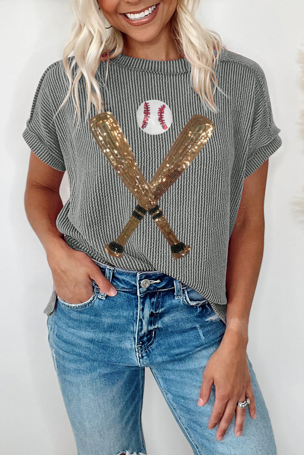 Grey Sequin Baseball Corded Top