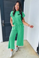Wild Wind Solid Corded Knit Short Sleeve T Shirt and Wide Leg Pants Set