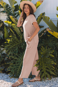 Wild Wind Solid Corded Knit Short Sleeve T Shirt and Wide Leg Pants Set
