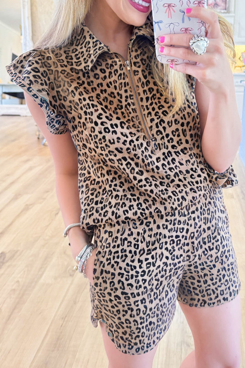 Brown Leopard Half Zipper Set