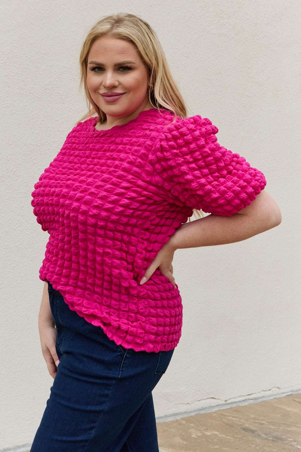 And The Why Full Size Bubble textured Puff Sleeve Top - The Sapphire Star