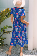White Floral Puff Short Sleeve V Neck High Waist Maxi Dress