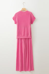 Wild Wind Solid Corded Knit Short Sleeve T Shirt and Wide Leg Pants Set
