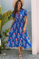 White Floral Puff Short Sleeve V Neck High Waist Maxi Dress
