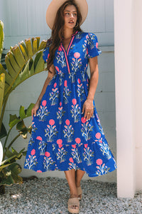 White Floral Puff Short Sleeve V Neck High Waist Maxi Dress