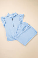 Pink Textured Ruffled Sleeve Zipped Top and Wide Leg Pants Set