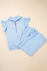 Pink Textured Ruffled Sleeve Zipped Top and Wide Leg Pants Set
