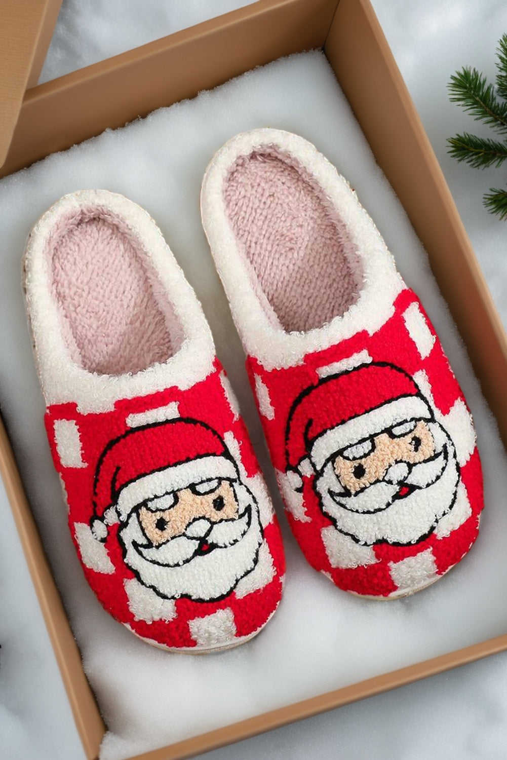 Festive and cozy slip on Santa slippers for Christmas morning.