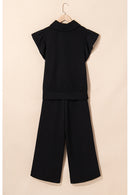 Pink Textured Ruffled Sleeve Zipped Top and Wide Leg Pants Set