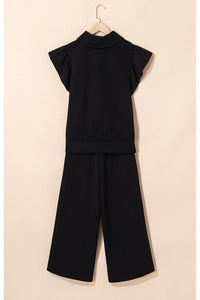Pink Textured Ruffled Sleeve Zipped Top and Wide Leg Pants Set
