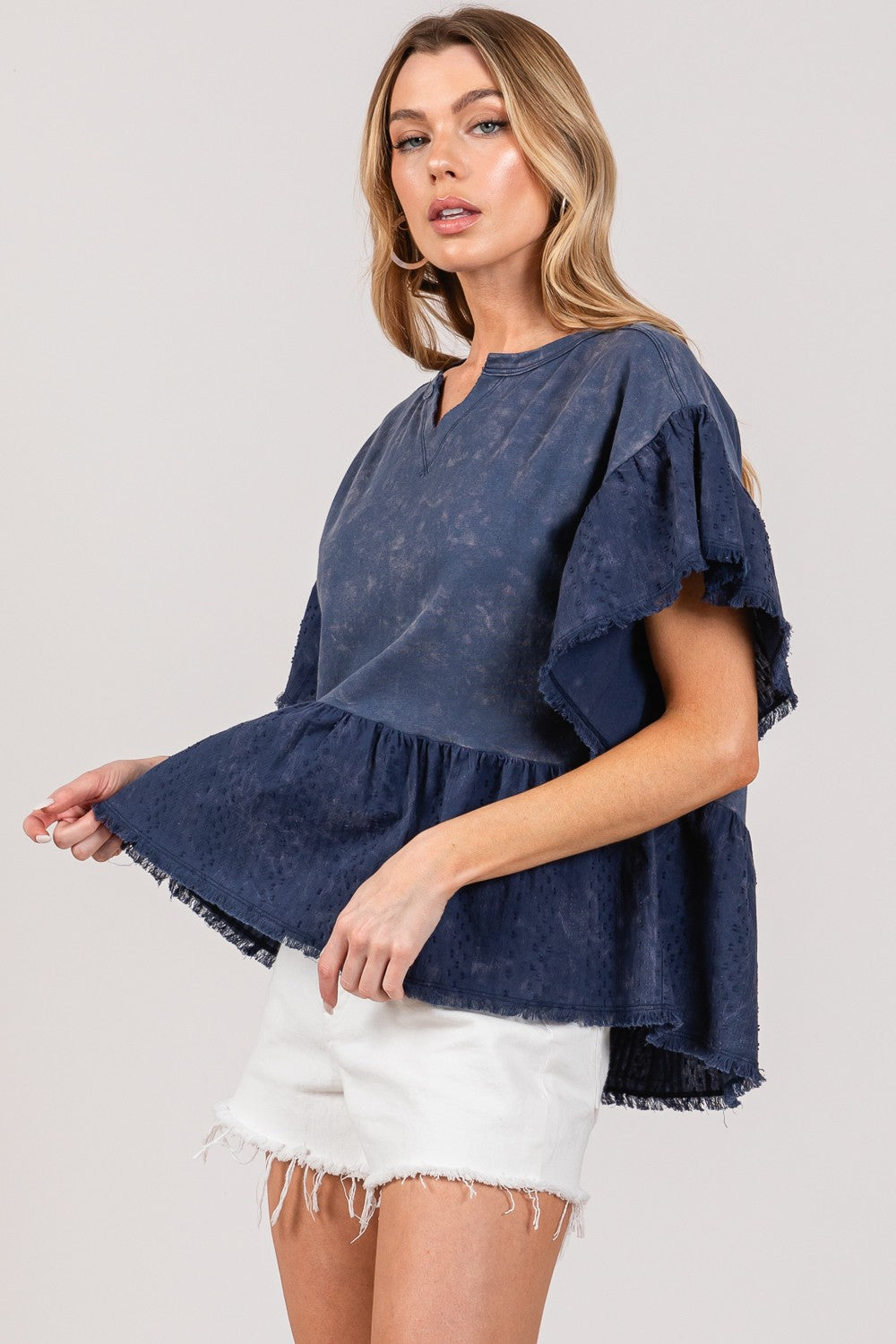 SAGE + FIG Ruffle Sleeve Washed Short Sleeve Blouse