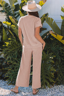 Wild Wind Solid Corded Knit Short Sleeve T Shirt and Wide Leg Pants Set