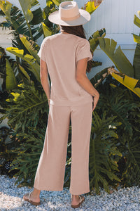 Wild Wind Solid Corded Knit Short Sleeve T Shirt and Wide Leg Pants Set