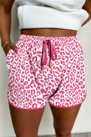 White Leopard Elastic Waist Lace up Contrast Trim Casual Shorts
