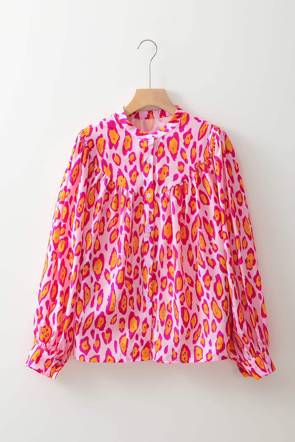 Light French Beige Oversized Leopard Print Balloon Sleeve Casual Shirt
