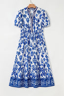 White Floral Puff Short Sleeve V Neck High Waist Maxi Dress