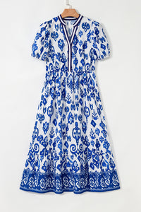 White Floral Puff Short Sleeve V Neck High Waist Maxi Dress