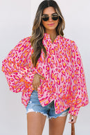 Light French Beige Oversized Leopard Print Balloon Sleeve Casual Shirt