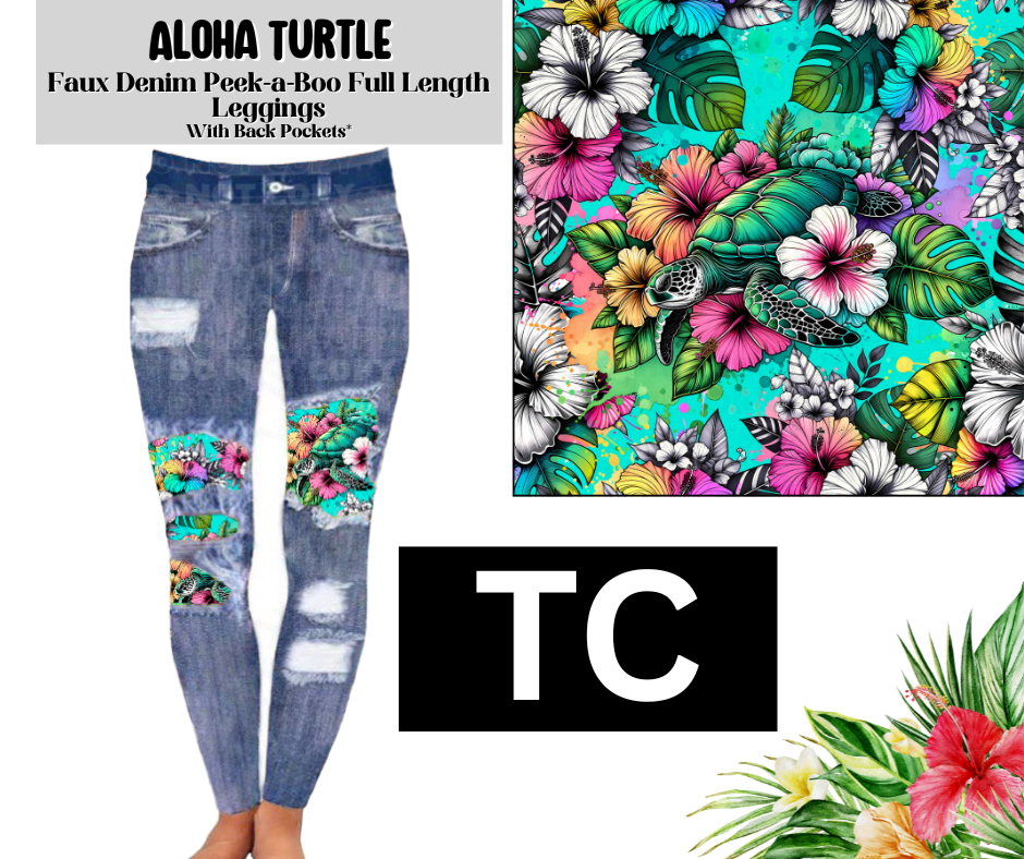Aloha Turtle Faux Denim Full Length Peekaboo Leggings