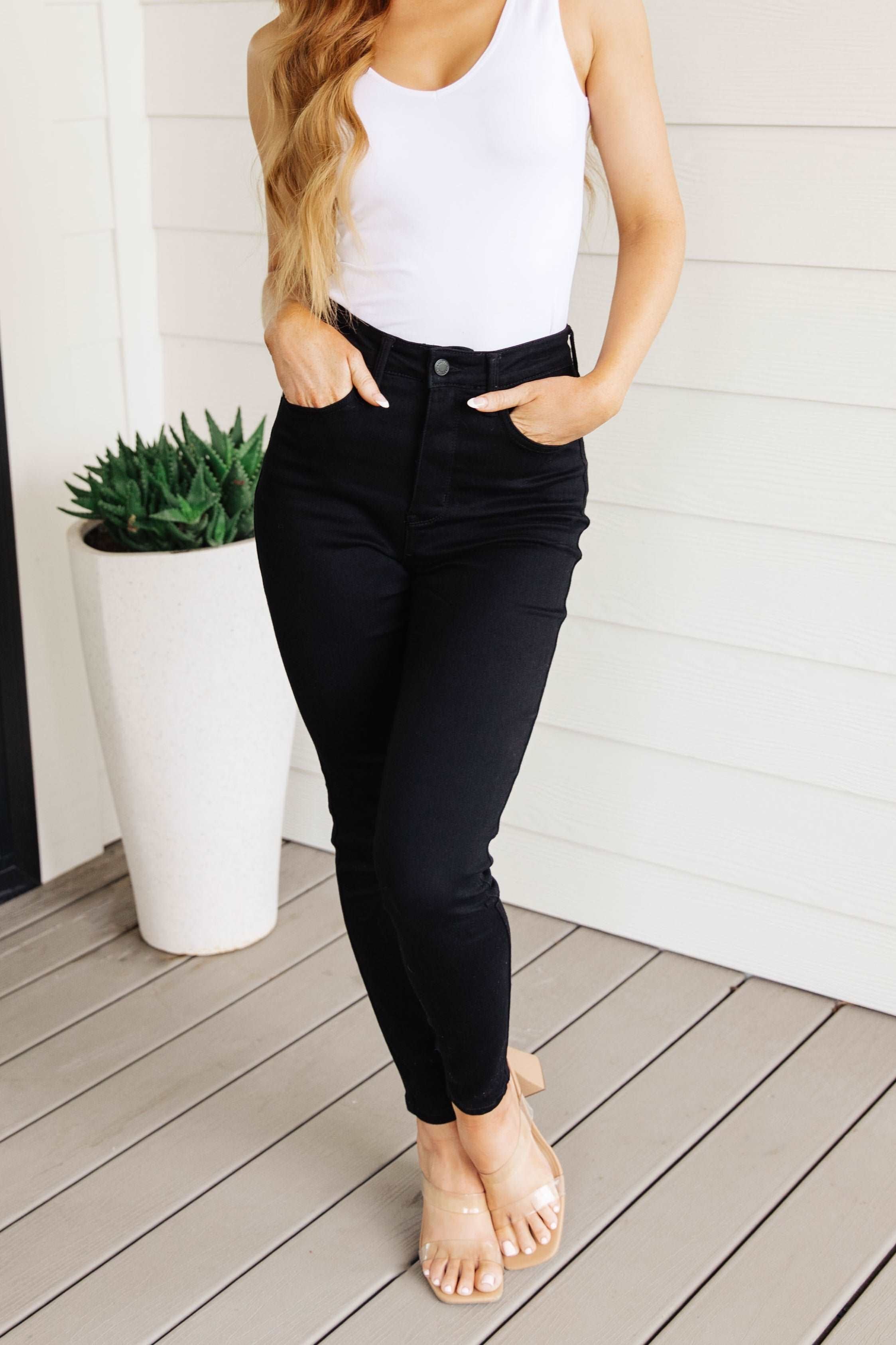 Audrey High Rise Control Top Classic Skinny Jeans in Black - The Sapphire Star