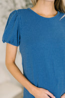 Grace & Virtue Balloon Sleeve Blouse in Ocean Blue