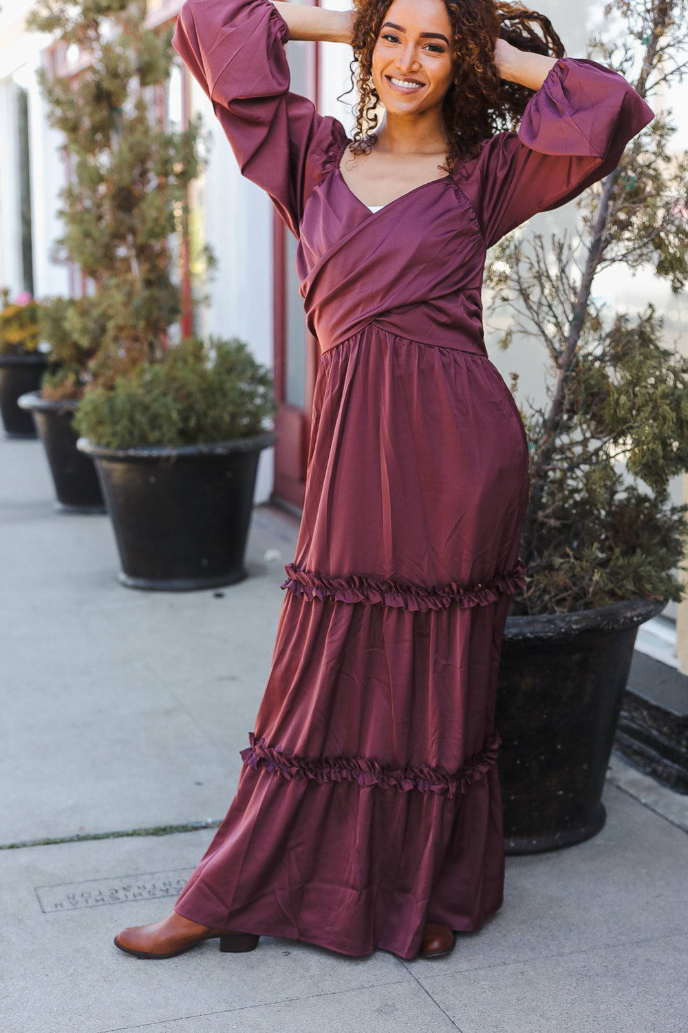 Vibes Wine Satin Front Overlap Smocked Back Maxi Dress