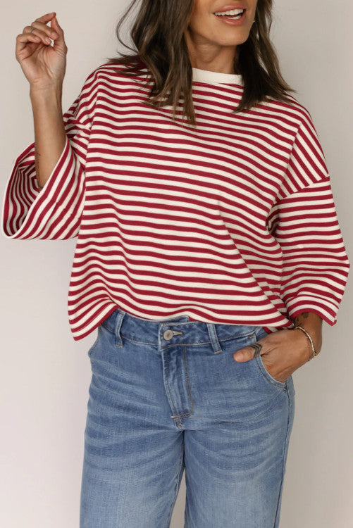 Red Stripe Bowknot Cutout Back Drop Shoulder Wide Sleeve Loose Tee